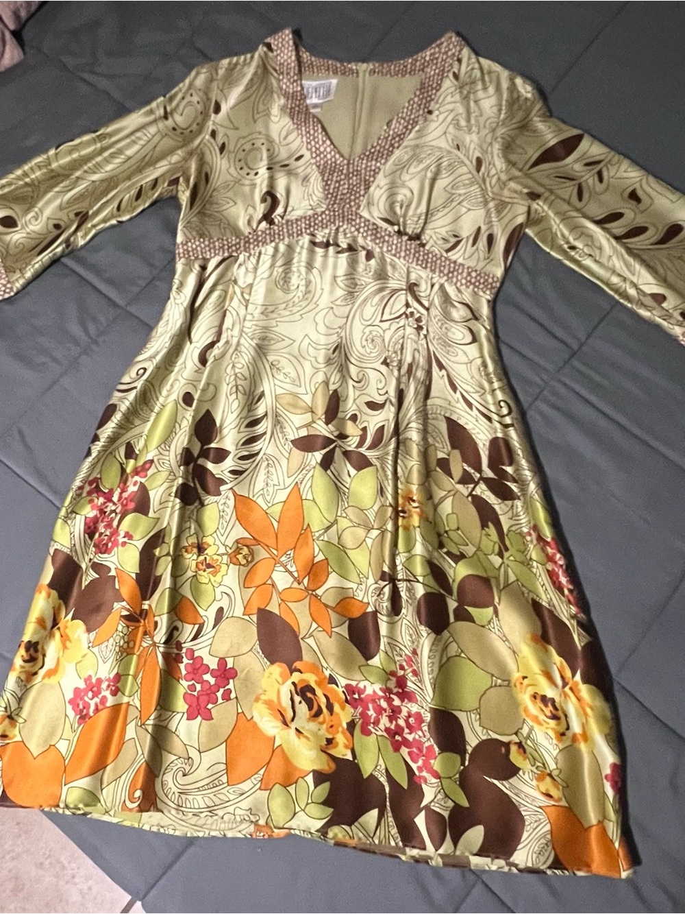 Floral Empire-Waist Long Sleeve Dress in Green and Orange